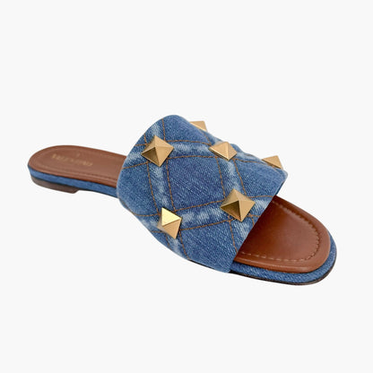 Valentino Garavani Roman Stud Denim Slide Sandals in Blue Size 41