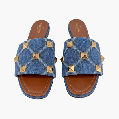 Valentino Garavani Roman Stud Denim Slide Sandals in Blue Size 41