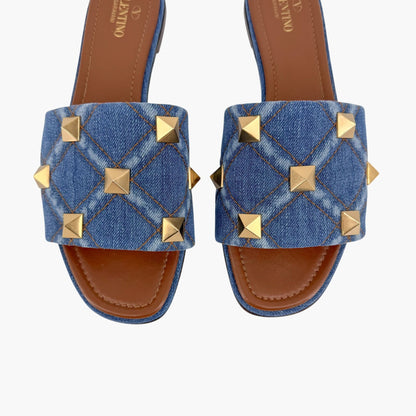 Valentino Garavani Roman Stud Denim Slide Sandals in Blue Size 41