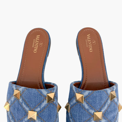 Valentino Garavani Roman Stud Denim Slide Sandals in Blue Size 41