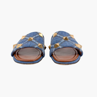 Valentino Garavani Roman Stud Denim Slide Sandals in Blue Size 41