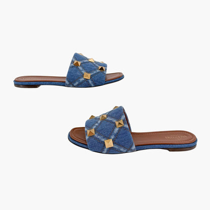 Valentino Garavani Roman Stud Denim Slide Sandals in Blue Size 41