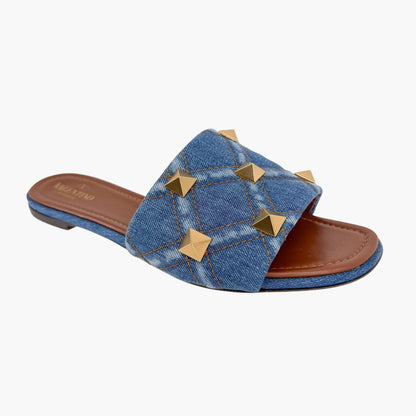 Valentino Garavani Roman Stud Denim Slide Sandals in Blue Size 41