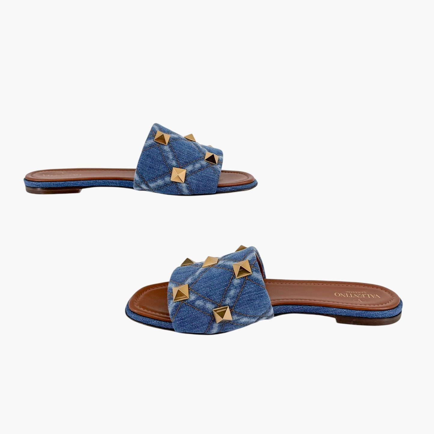 Valentino Garavani Roman Stud Denim Slide Sandals in Blue Size 41