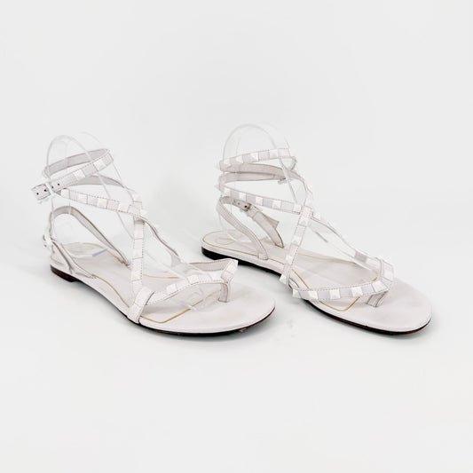 Valentino Garavani Rockstud Ankle Wrap Thong Sandals in White Size 38.5