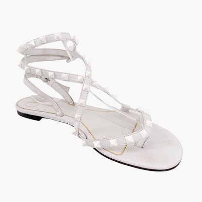 Valentino Garavani Rockstud Ankle Wrap Thong Sandals in White Size 38.5