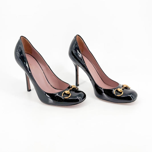 Gucci Square Toe Horsebit Pumps in Black Patent Leather Size 39.5