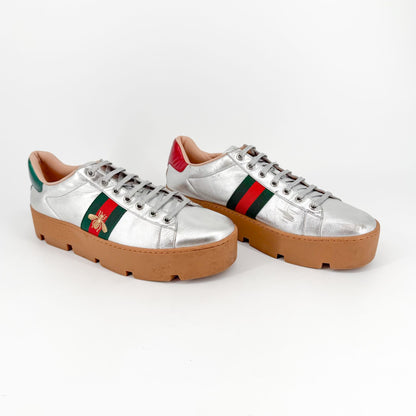 Gucci Ace Bee Platform Sneakers Silver Leather Size 41