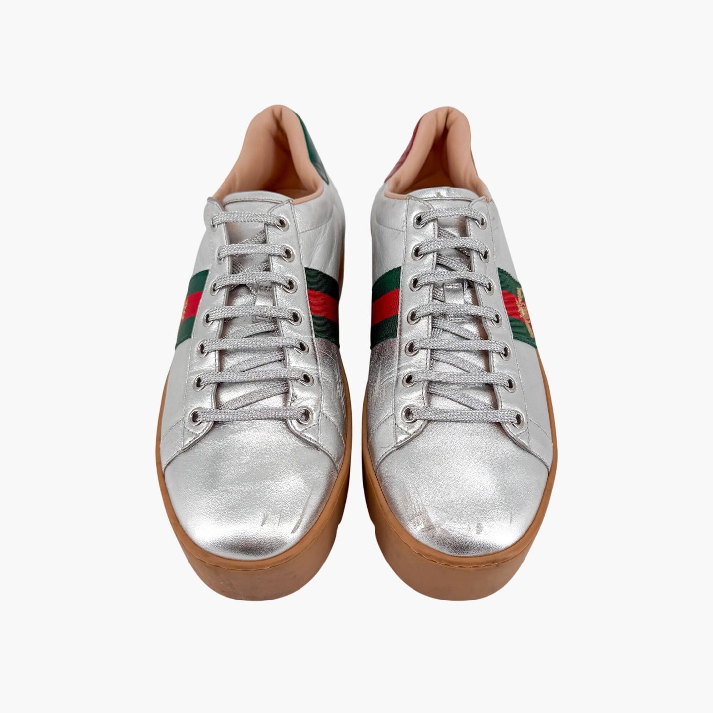 Gucci Ace Bee Platform Sneakers Silver Leather Size 41