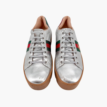 Gucci Ace Bee Platform Sneakers Silver Leather Size 41