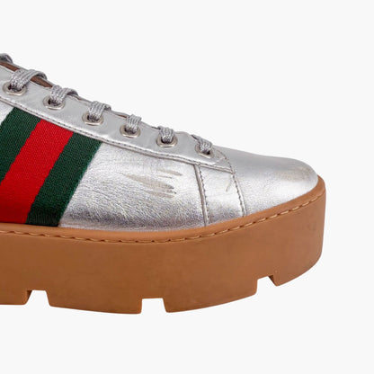 Gucci Ace Bee Platform Sneakers Silver Leather Size 41