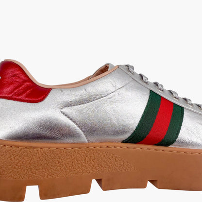 Gucci Ace Bee Platform Sneakers Silver Leather Size 41