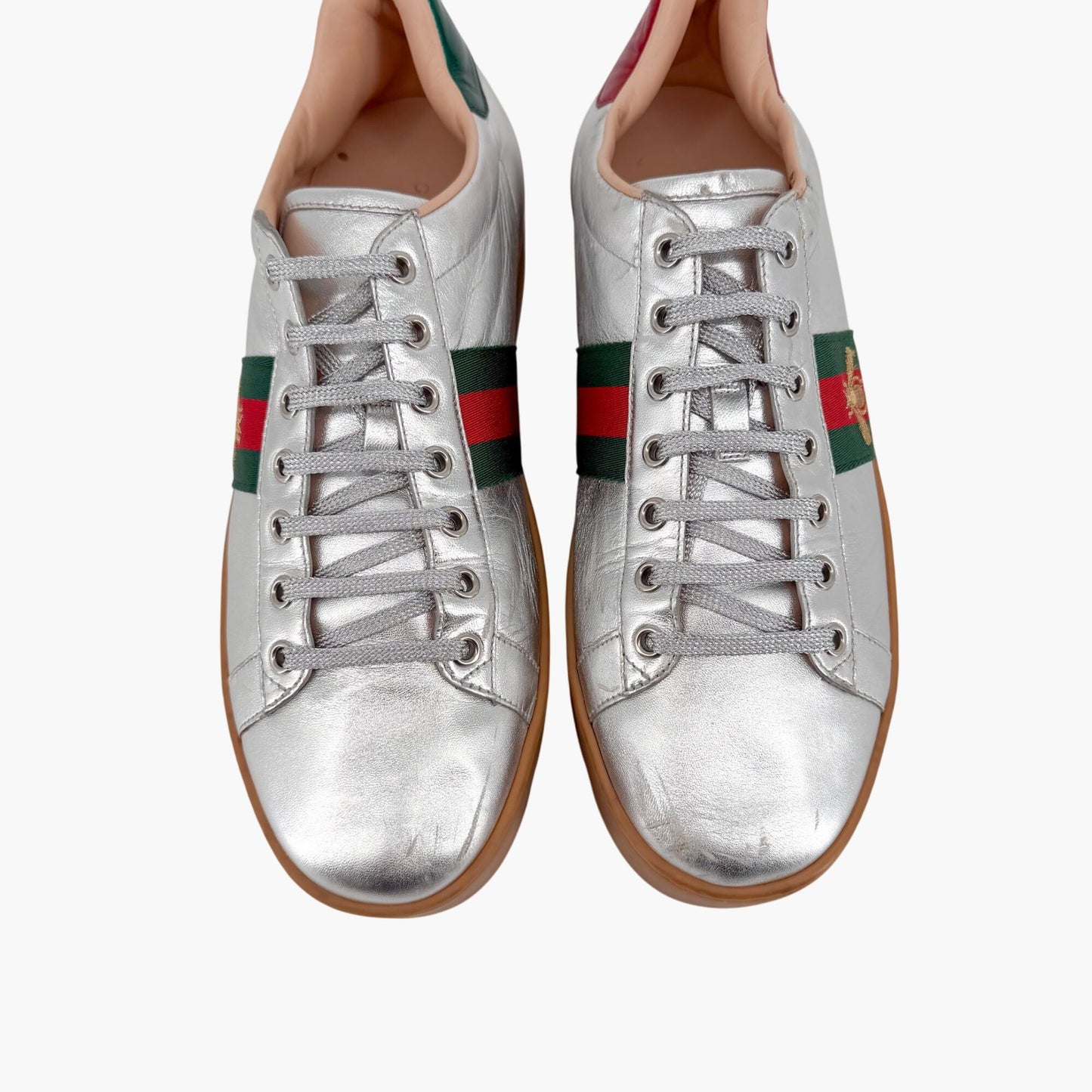 Gucci Ace Bee Platform Sneakers Silver Leather Size 41