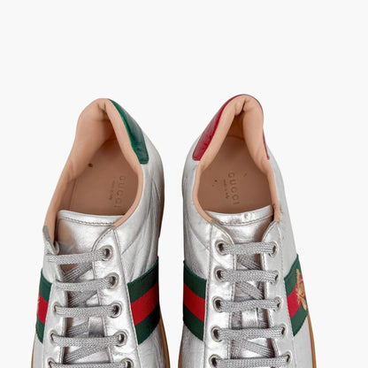 Gucci Ace Bee Platform Sneakers Silver Leather Size 41