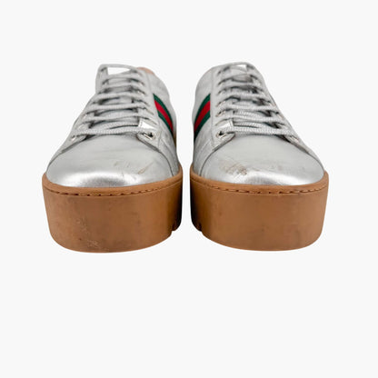 Gucci Ace Bee Platform Sneakers Silver Leather Size 41