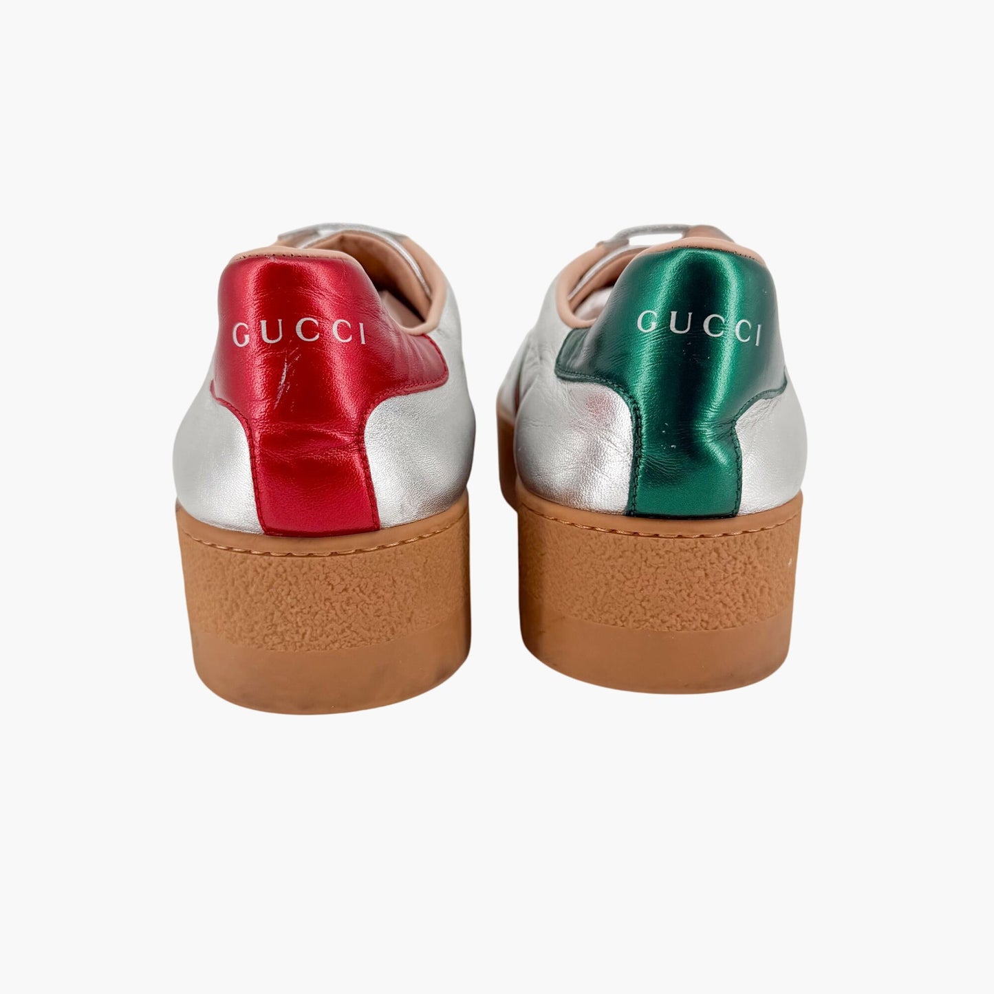 Gucci Ace Bee Platform Sneakers Silver Leather Size 41