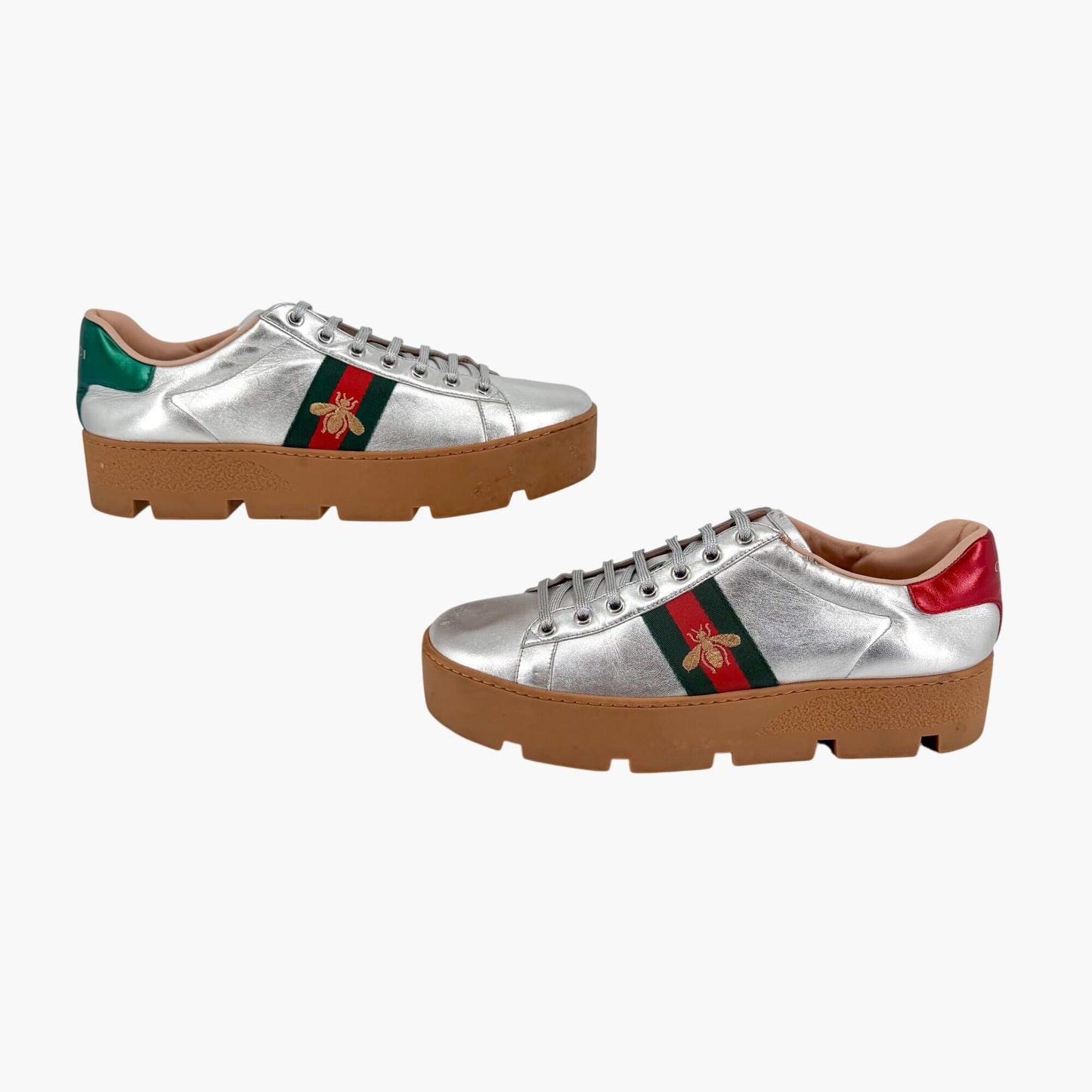 Gucci Ace Bee Platform Sneakers Silver Leather Size 41
