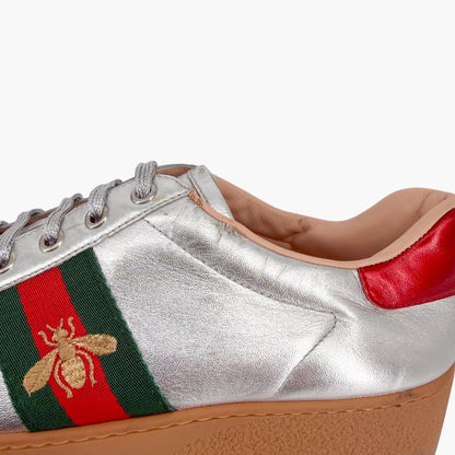 Gucci Ace Bee Platform Sneakers Silver Leather Size 41