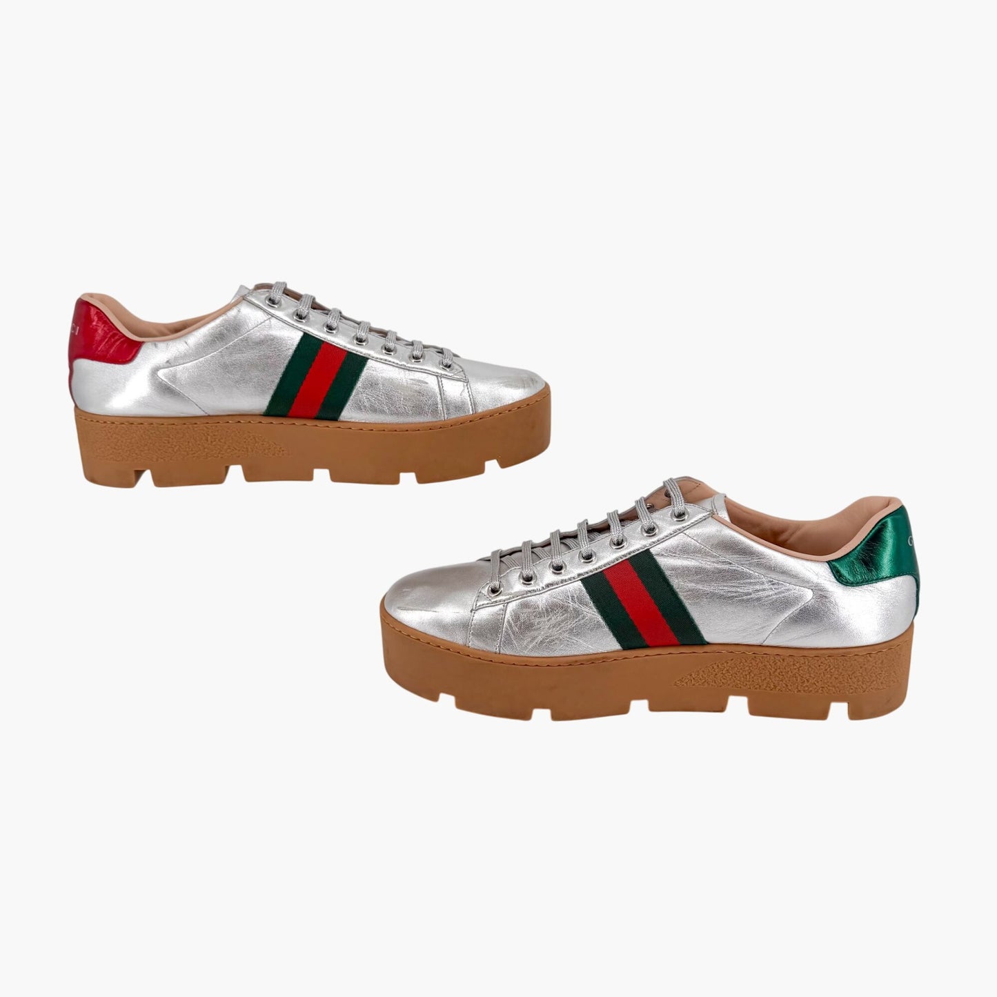 Gucci Ace Bee Platform Sneakers Silver Leather Size 41