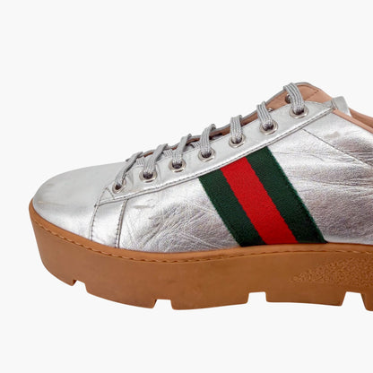Gucci Ace Bee Platform Sneakers Silver Leather Size 41