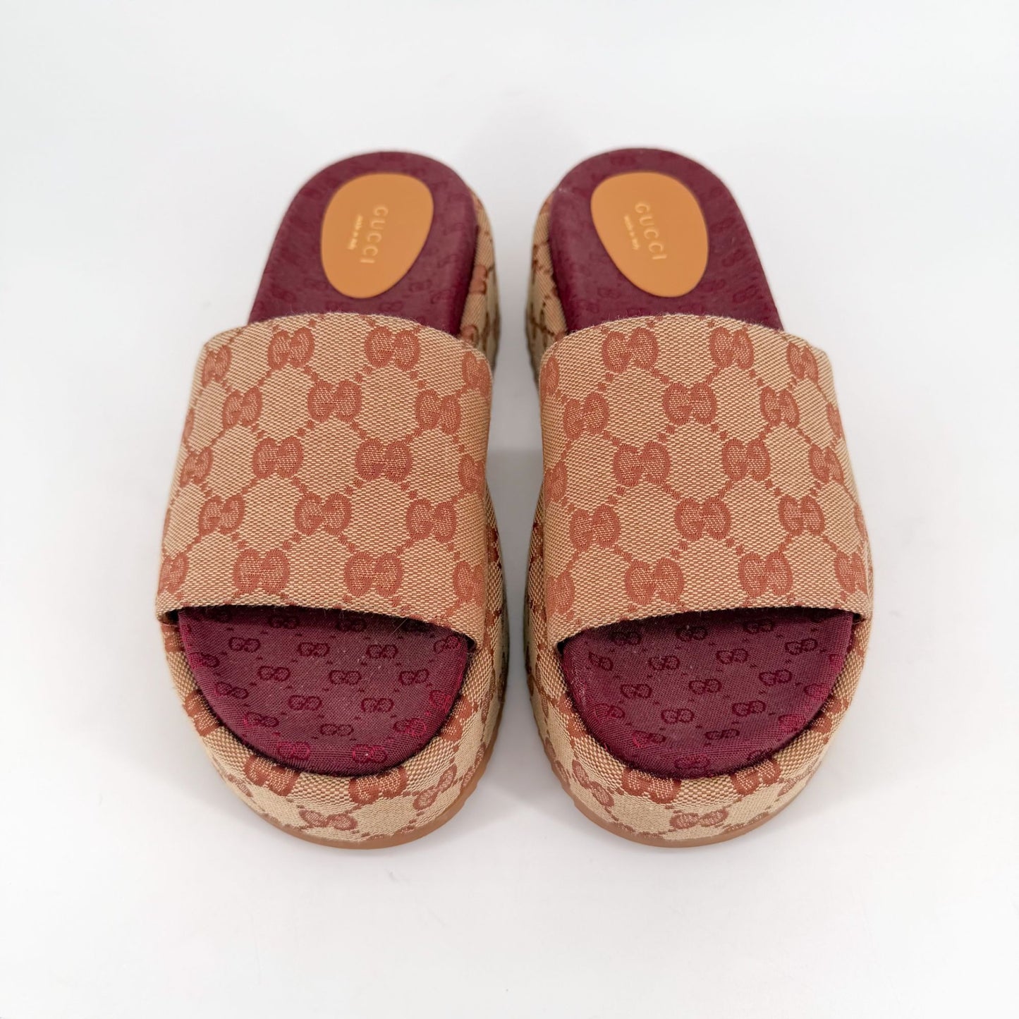 Gucci Angelina Platform Slide Sandals Beige GG Canvas Size 38