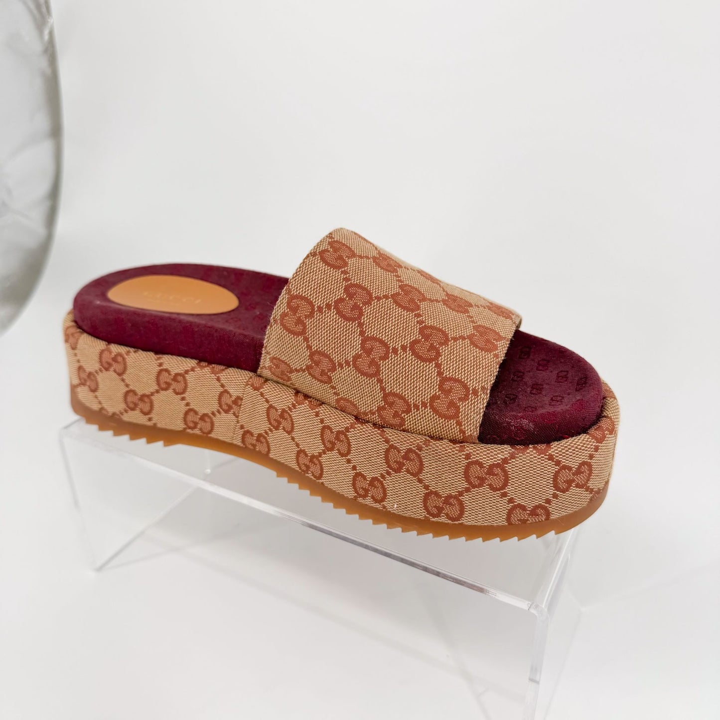 Gucci Angelina Platform Slide Sandals Beige GG Canvas Size 38