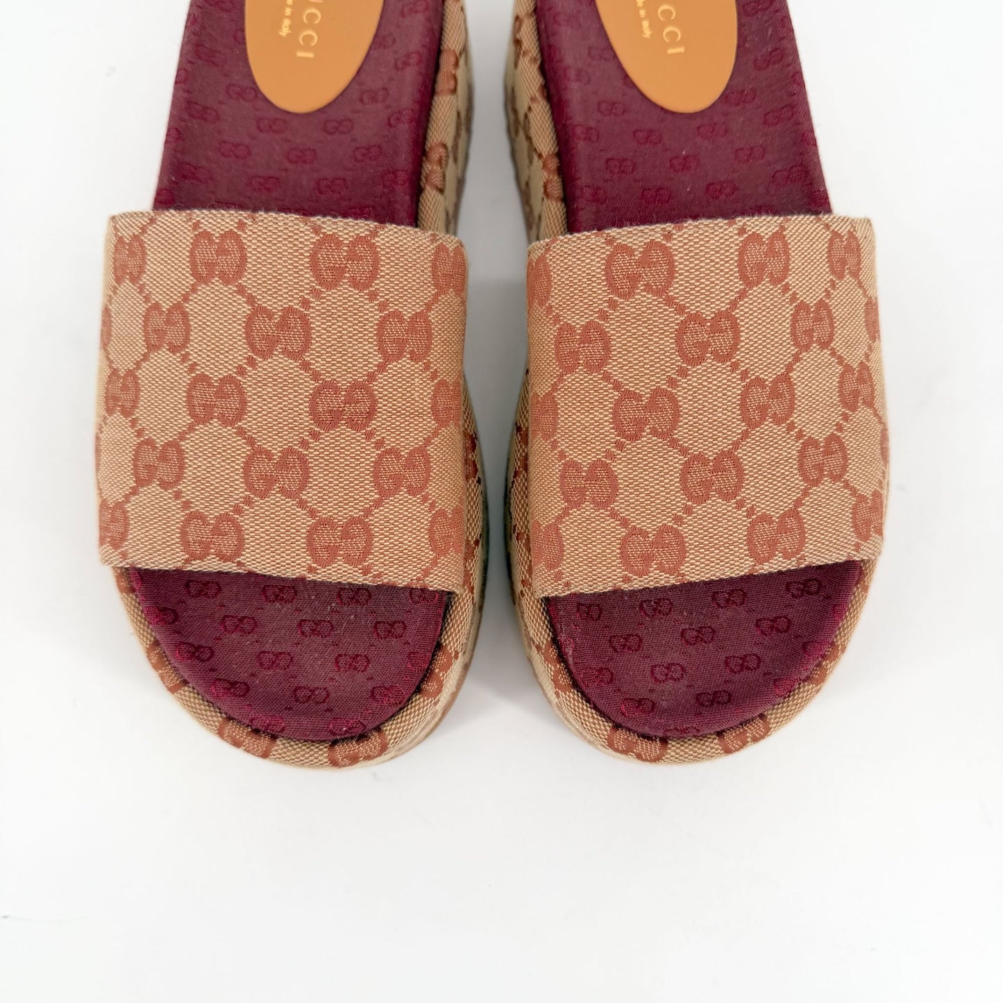 Gucci Angelina Platform Slide Sandals Beige GG Canvas Size 38