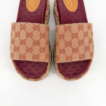 Gucci Angelina Platform Slide Sandals Beige GG Canvas Size 38