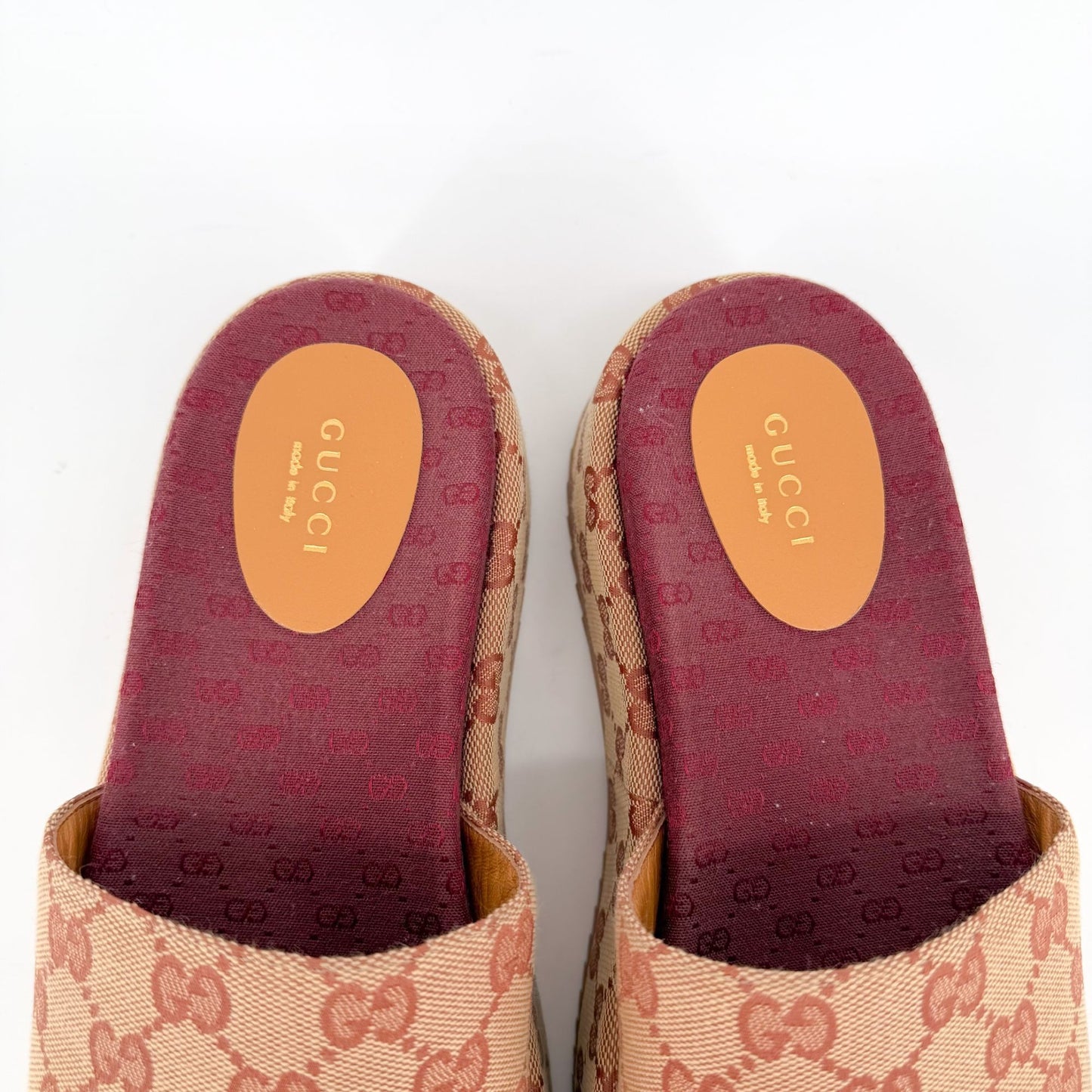 Gucci Angelina Platform Slide Sandals Beige GG Canvas Size 38