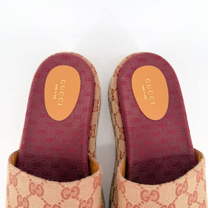Gucci Angelina Platform Slide Sandals Beige GG Canvas Size 38
