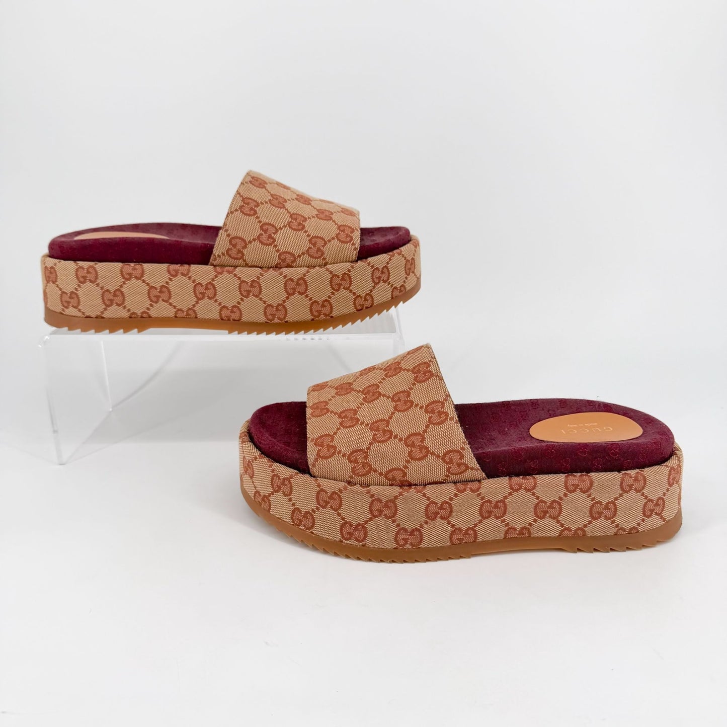 Gucci Angelina Platform Slide Sandals Beige GG Canvas Size 38