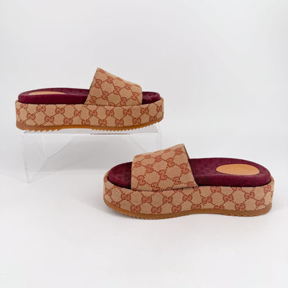 Gucci Angelina Platform Slide Sandals Beige GG Canvas Size 38