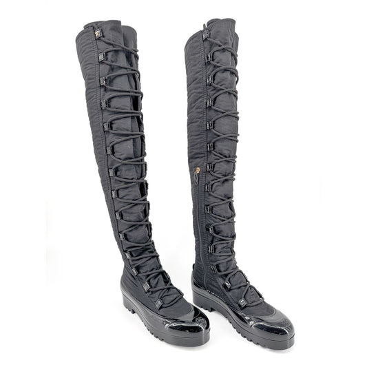 Chanel Thigh High Lace Up Combat Boots in Black Nylon & Rubber Size 40