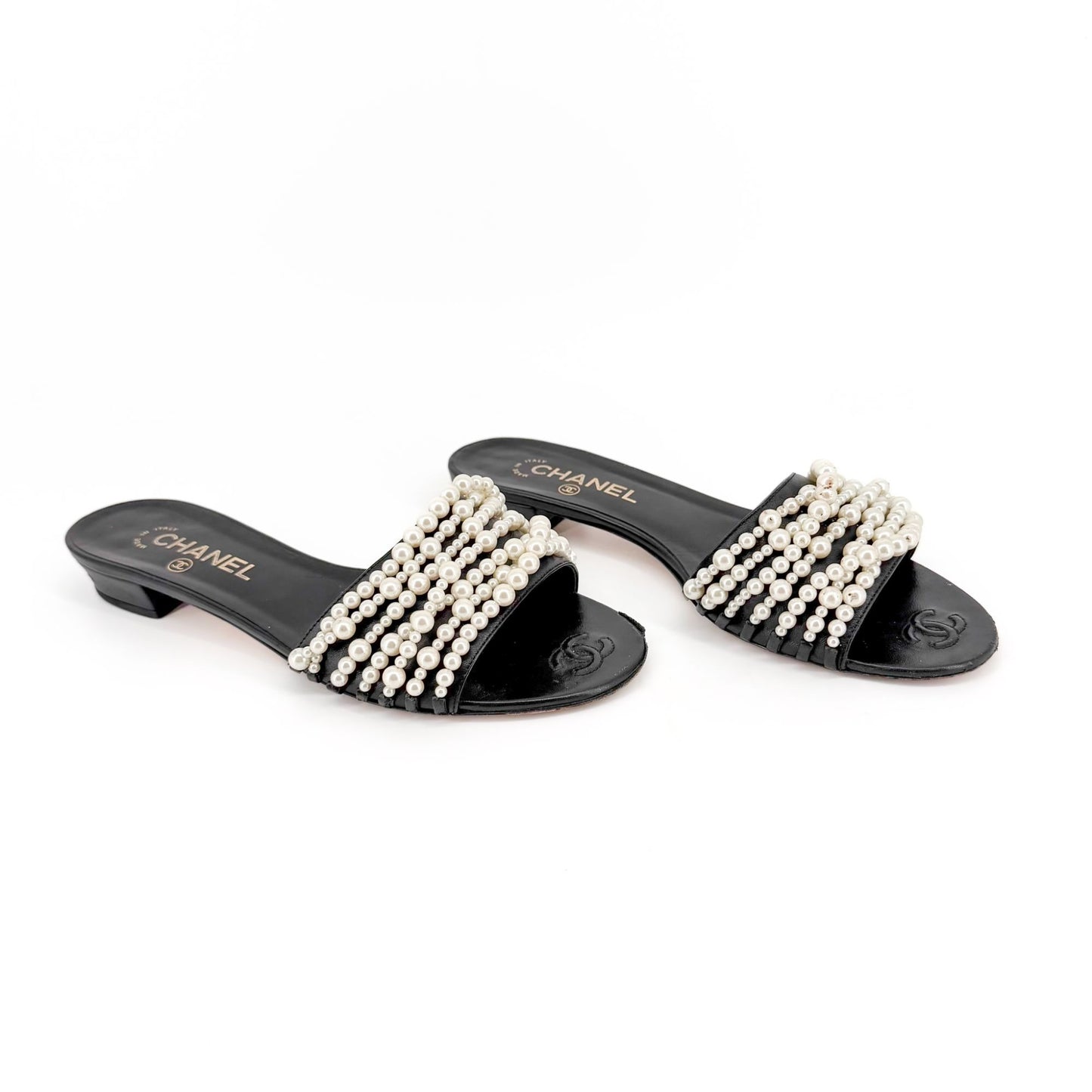 Chanel Pearl Stranded Slide Sandals Black Size 39.5