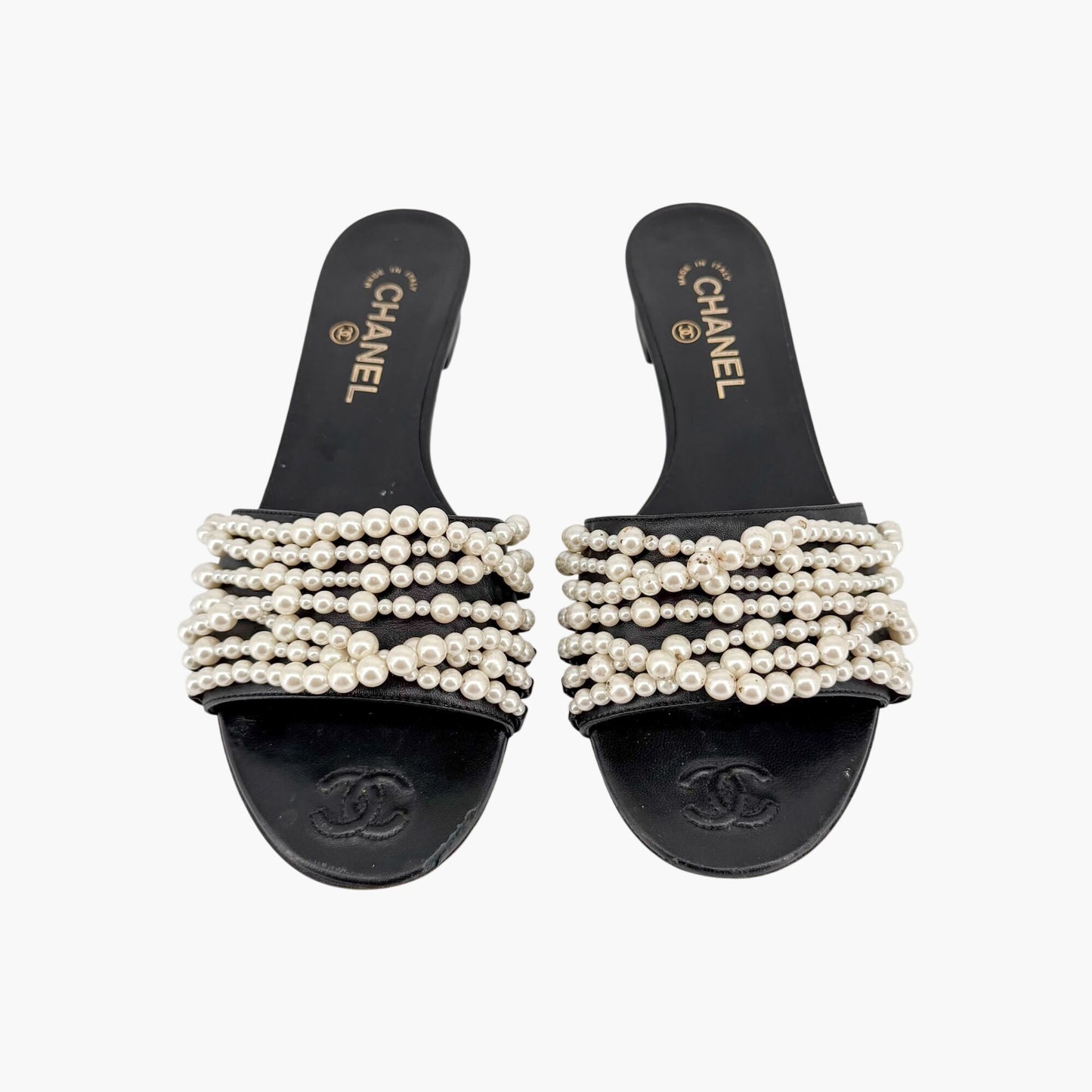 Chanel Pearl Stranded Slide Sandals Black Size 39.5