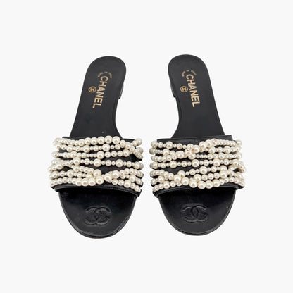 Chanel Pearl Stranded Slide Sandals Black Size 39.5