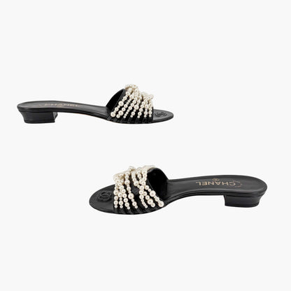 Chanel Pearl Stranded Slide Sandals Black Size 39.5