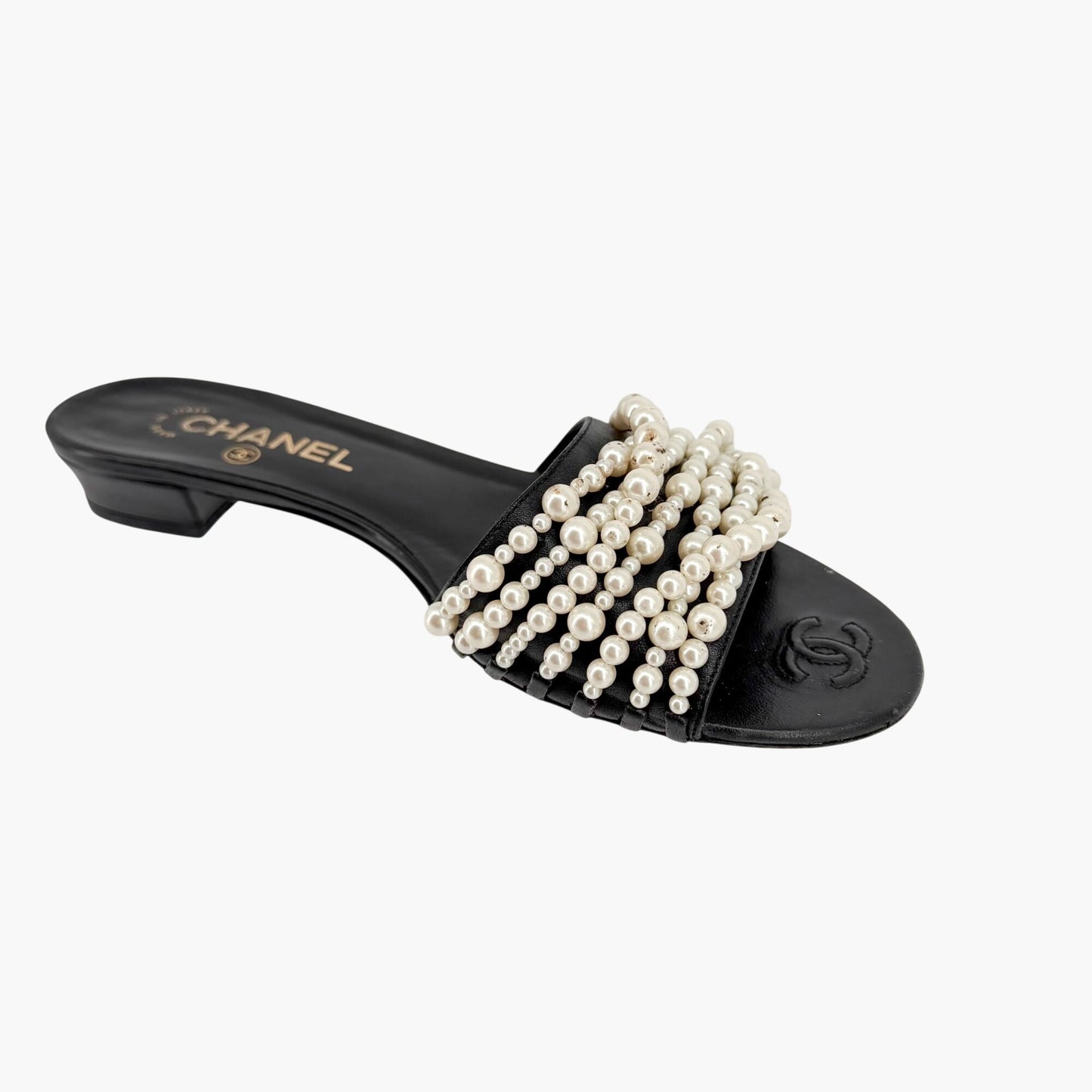 Chanel Pearl Stranded Slide Sandals Black Size 39.5