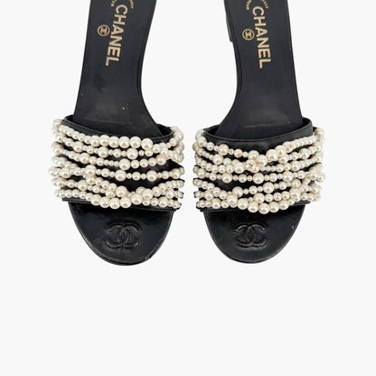 Chanel Pearl Stranded Slide Sandals Black Size 39.5