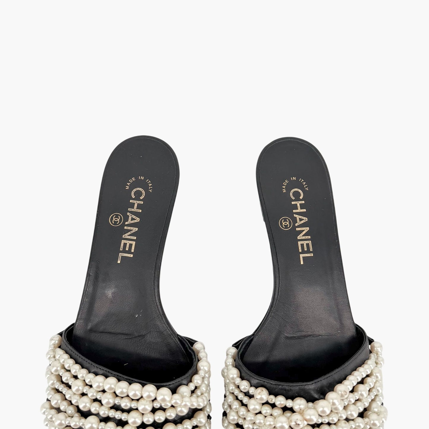 Chanel Pearl Stranded Slide Sandals Black Size 39.5