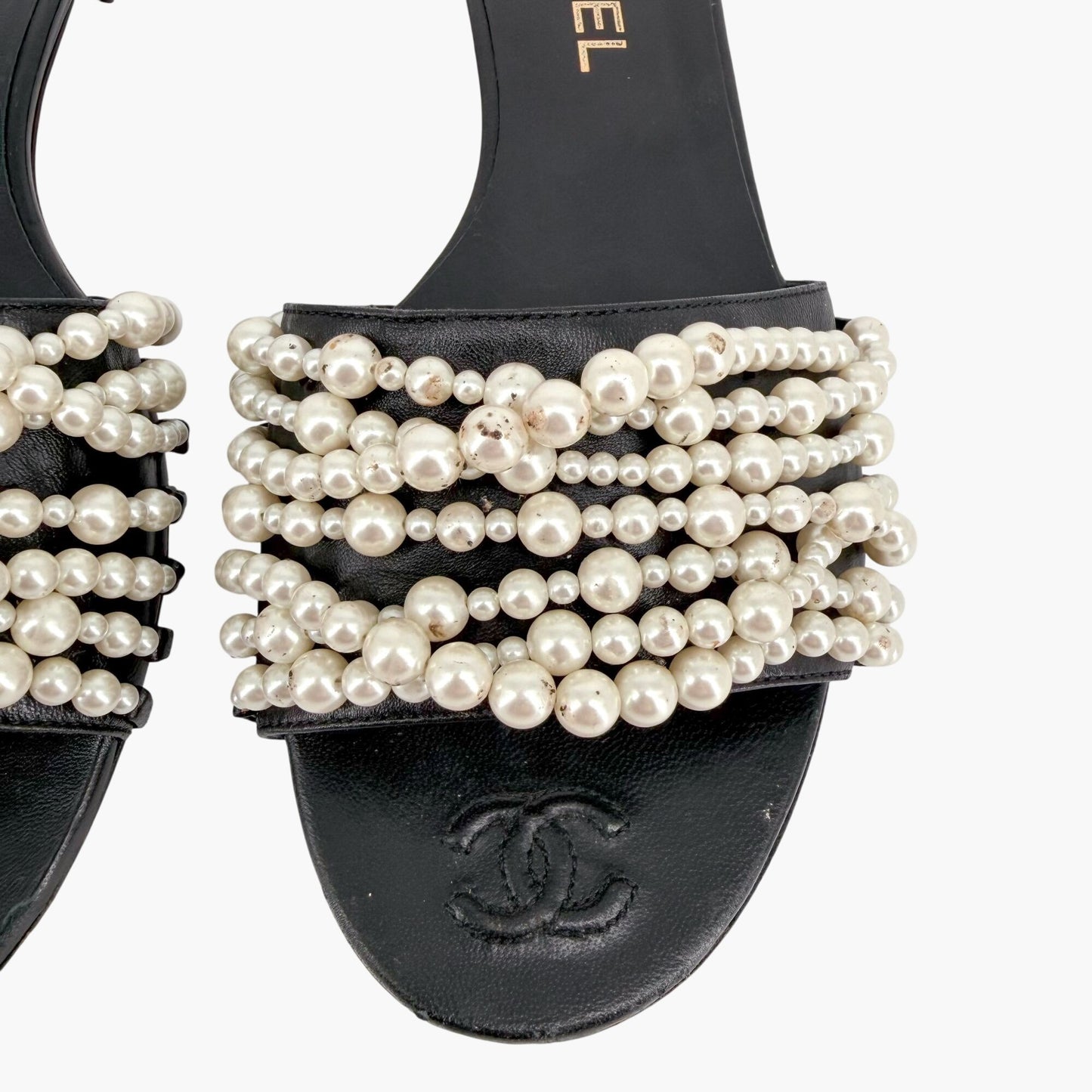 Chanel Pearl Stranded Slide Sandals Black Size 39.5
