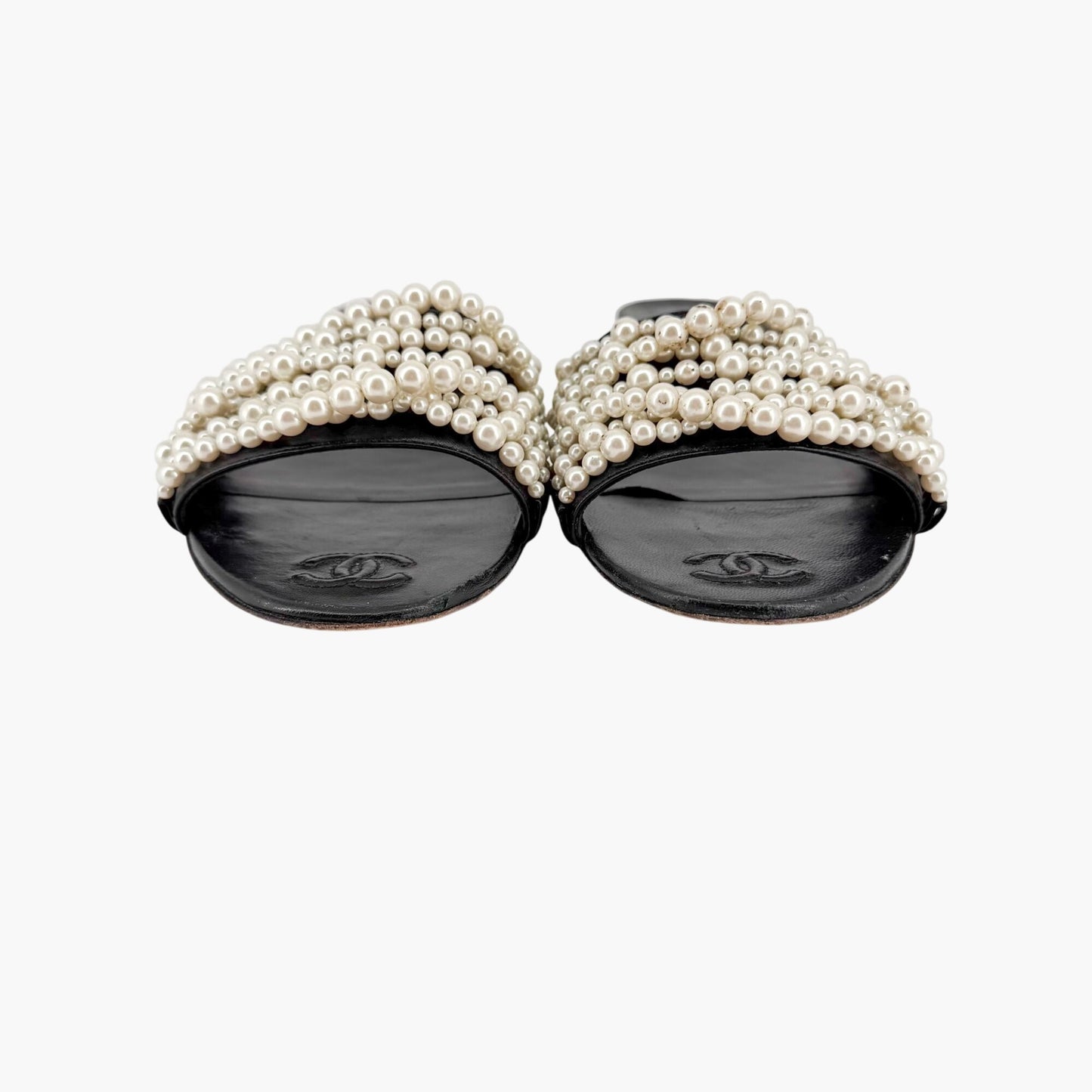 Chanel Pearl Stranded Slide Sandals Black Size 39.5