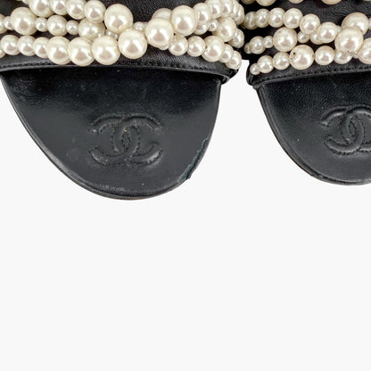 Chanel Pearl Stranded Slide Sandals Black Size 39.5