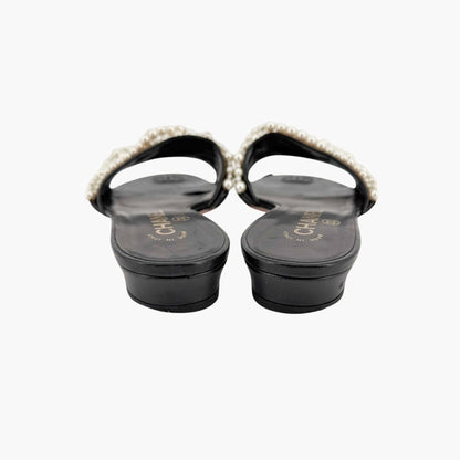 Chanel Pearl Stranded Slide Sandals Black Size 39.5