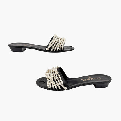 Chanel Pearl Stranded Slide Sandals Black Size 39.5