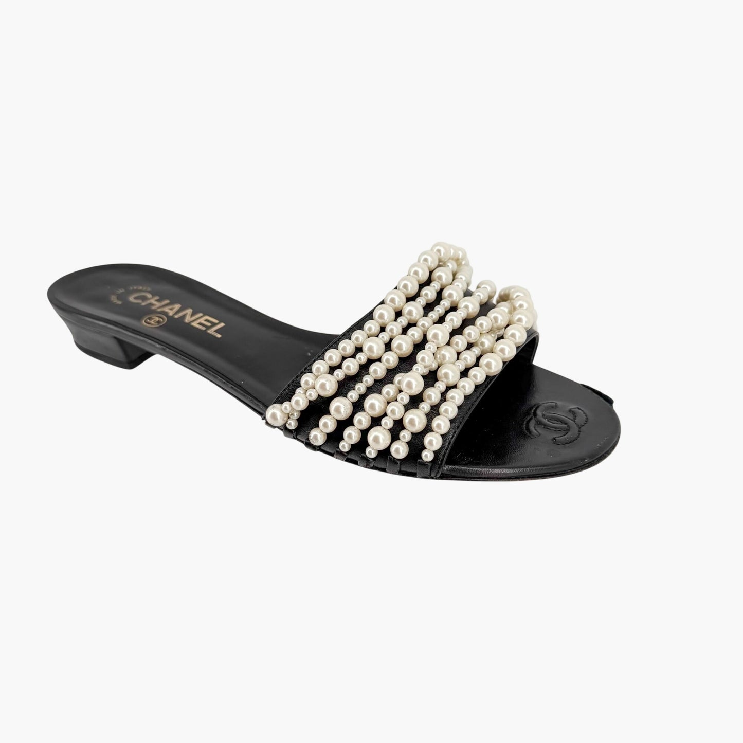 Chanel Pearl Stranded Slide Sandals Black Size 39.5