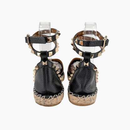 Valentino Rockstud Espadrille Flat Sandals Black Size 38