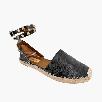 Valentino Rockstud Espadrille Flat Sandals Black Size 38
