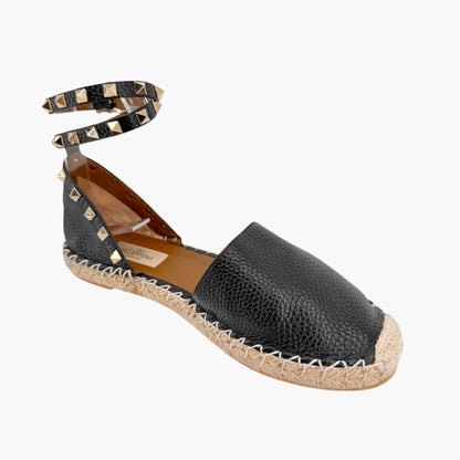 Valentino Rockstud Espadrille Flat Sandals Black Size 38