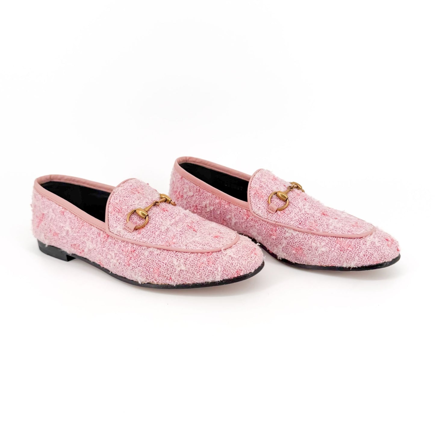 Gucci Jordaan Horsebit Loafers Pink Tweed Size 37